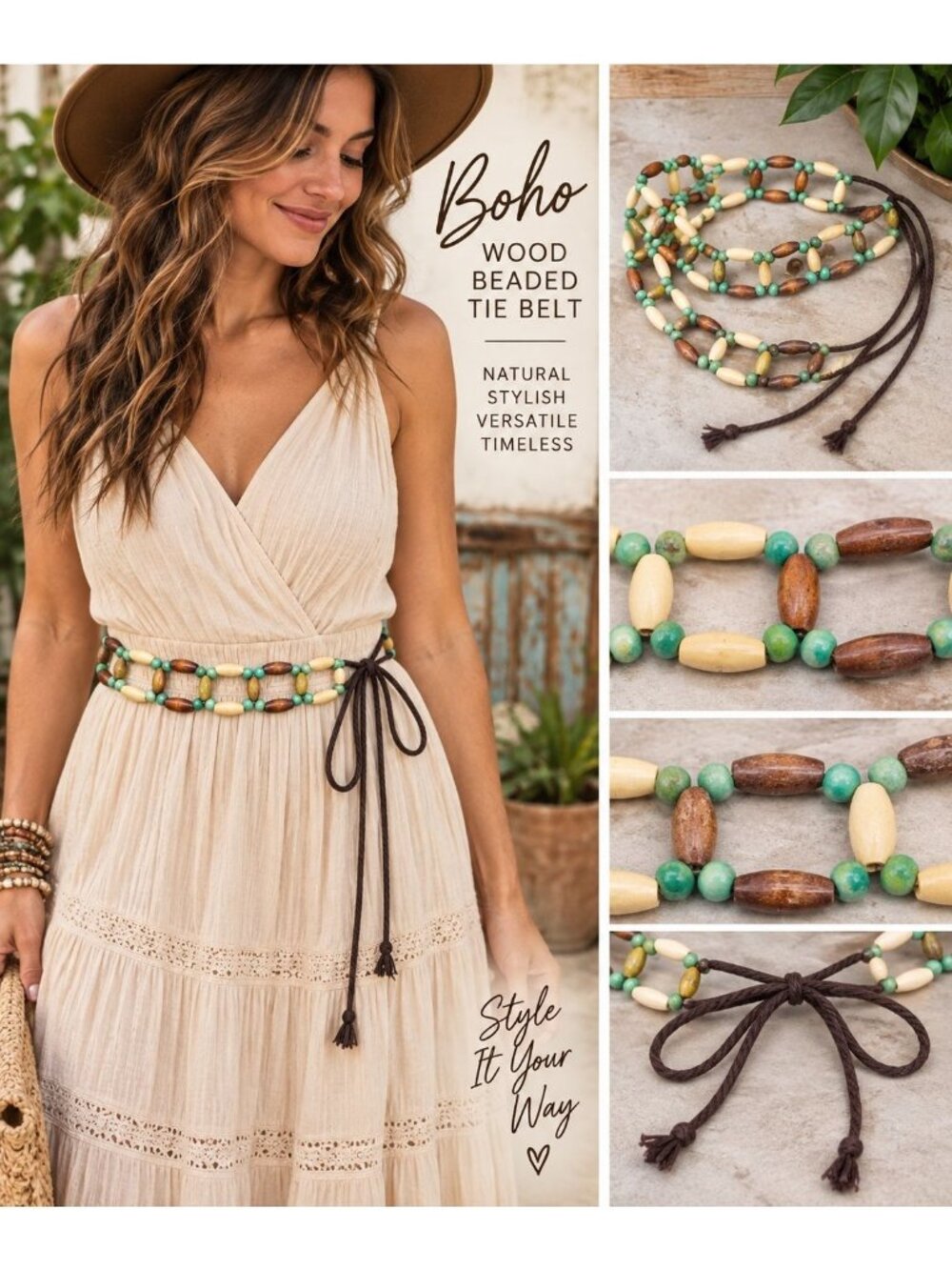 Boho Wood Beaded Tie Belt Green Brown Cream Adjustable Hippie Festival